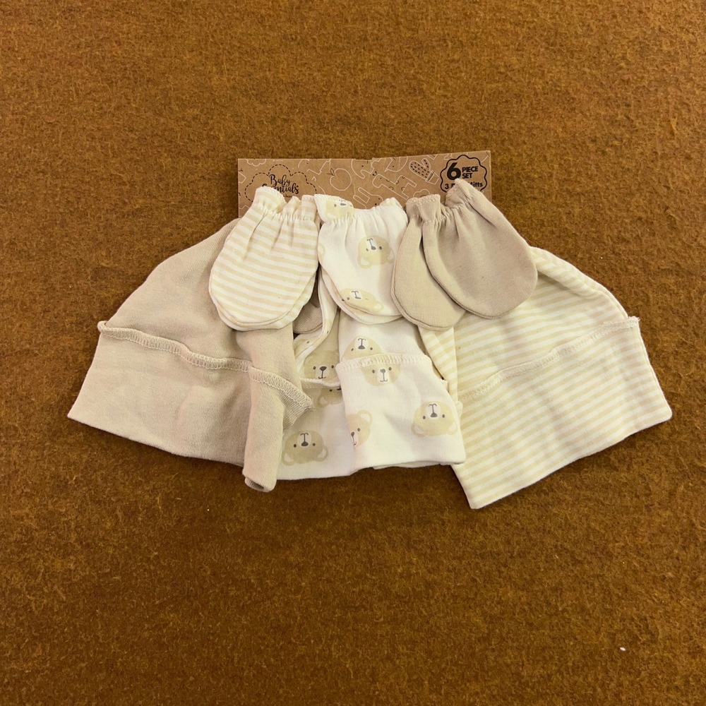 Baby Essentials Unisex Newborn Tan Bear Stripe 6 Piece Cap and Mitten Set NWT
